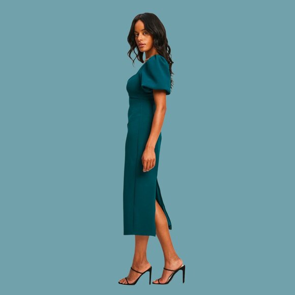 BWLDR Abana Puff Sleeve Emerald Green Midi Dress - Picture 5 of 6